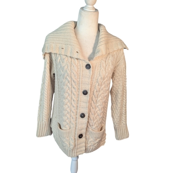 Carraigdonn Irish made Chunky cream merino wool knit shawl collar cardigan sz S - Picture 8 of 9